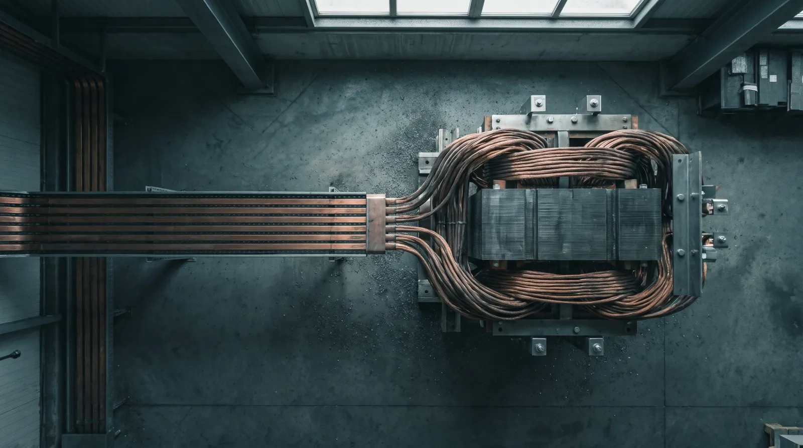 Illustration: A large power transformer core and its copper windings standing uncased on a factory floor, laminated steel core visible, a long run of thick copper busbar leading in from the left.